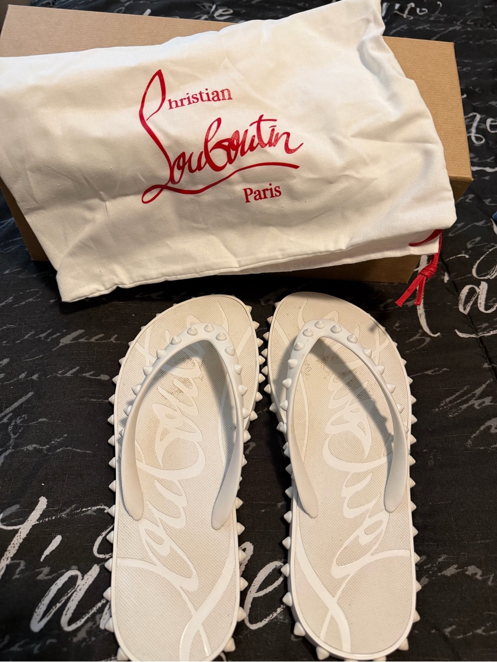 Christian Louboutin White Spike-Trim Flip Flop Sandals size 8